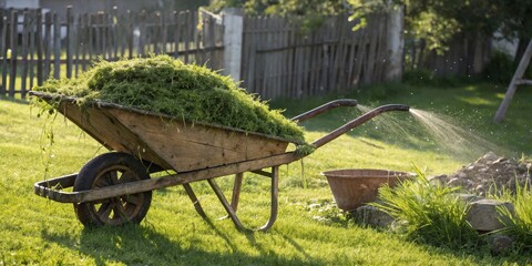 A Rustic Wheelbarrow Filled With Lush Greenery Being Watered by a Hose in a Lush Green Garden
