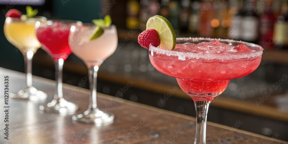 Aufkleber a refreshing frozen cocktail with a sugared rim, a lime wedge, and a raspberry garnish, standing pro