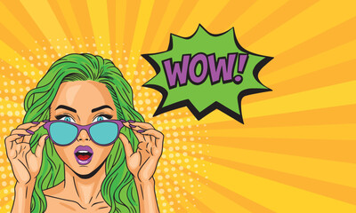 Beautiful surprised girl with green hair in sunglasses with the inscription WOW on a colored background. in a bright pop art style