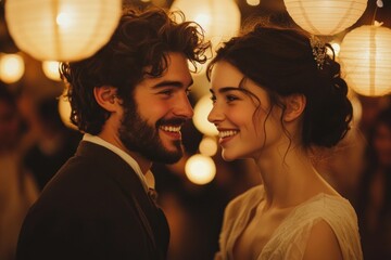 A couple smiles at each other surrounded by warm, glowing lanterns while celebrating their love