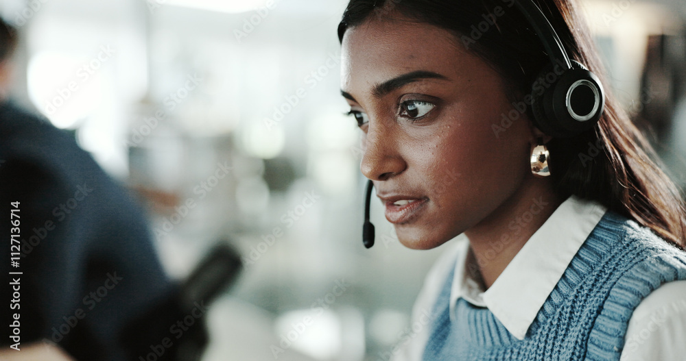 Poster call center, consulting and contact us with indian woman in support office for customer service. com