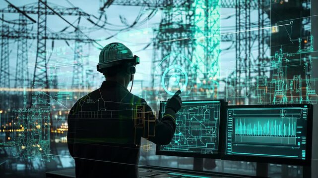 Smart Grid Technician Monitoring Power Network with AR
