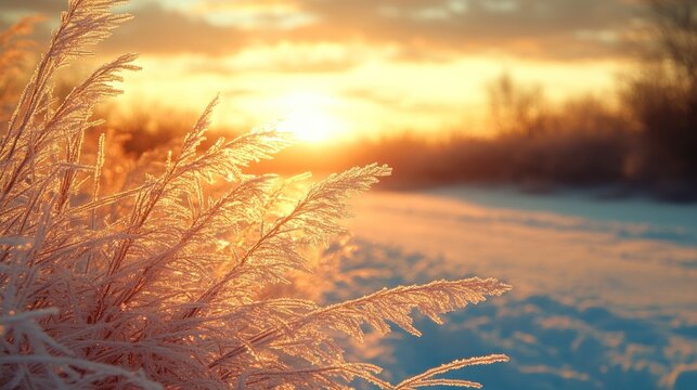 Frosty grass reflects warm light from the setting sun on a cold winter evening