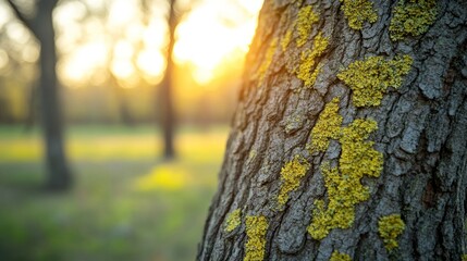 Obraz premium Golden hour sunlight illuminates moss on a tree bark in a peaceful park, creating a serene atmosphere