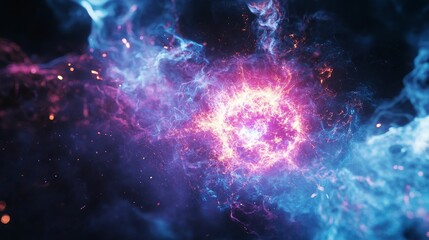 Glowing nebula, vibrant colors, cosmic dust.