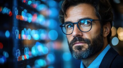 Professional observes digital data on a screen while pondering analytics in a modern workspace