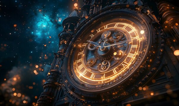 A close-up of the clock tower's cogs and gears with a dreamy