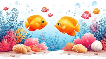 Game level. Cartoon underwater landscape with seaweed, corals, sea animals and fish. Game mock up cartoonish image under water background with fish, bubles, corals,shells, blue water
