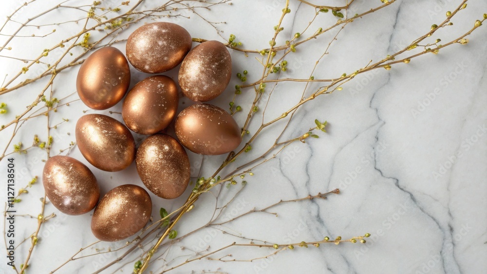 Poster copper easter eggs with a touch of sparkle nestled amidst delicate branches on a marble surface