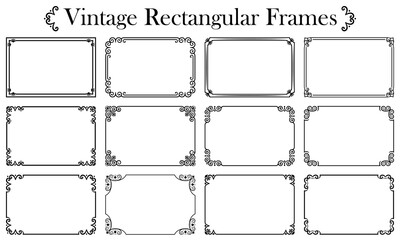 Set of rectangular black frames isolated on white background. Abstract vintage geometric patterns with swirls. For text design, printing on paper, textiles, business cards, banner. Vector illustration