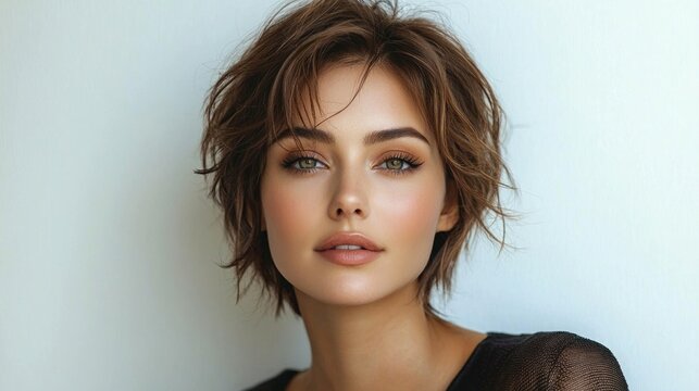 woman displays striking asymmetric pixie haircut one side longer and textured complemented bold makeup highlights her unique features.