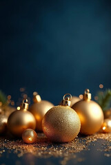 Golden Christmas balls on a dark blue background