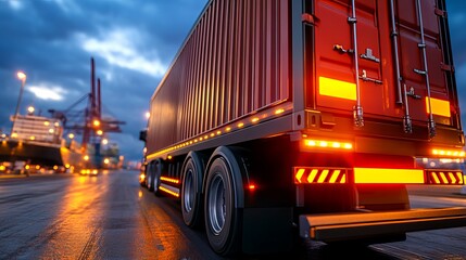 A close-up view of a large shipping truck with a red container, illuminated by city lights, parked near a bustling port at dusk.