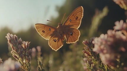 Obraz premium Brown butterfly in flight above wildflowers at sunset.