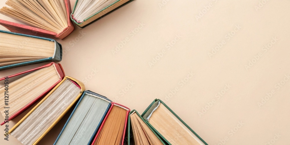 Aufkleber A collection of books arranged in a circular shape on a pale background, creating a blank space for text or imagery.