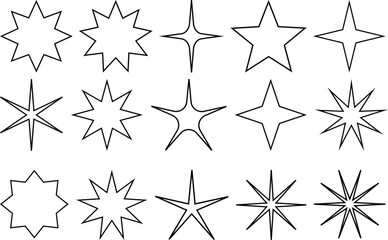 Set of abstract star outline vector shapes,  geometric and spiky starburst designs, black and white decorative star elements for creative projects and graphic design