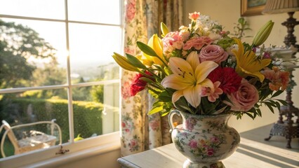 A colorful bouquet of lilies, roses, and other flowers arranged in a delicate floral patterned vase sits on a table by a window, bathed in the golden light of the setting sun.