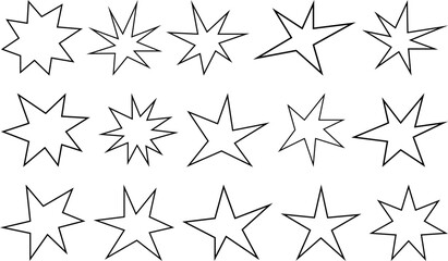Assorted abstract star shapes outline vector set of spiky starburst and decorative elements for design, black and white star pattern illustrations