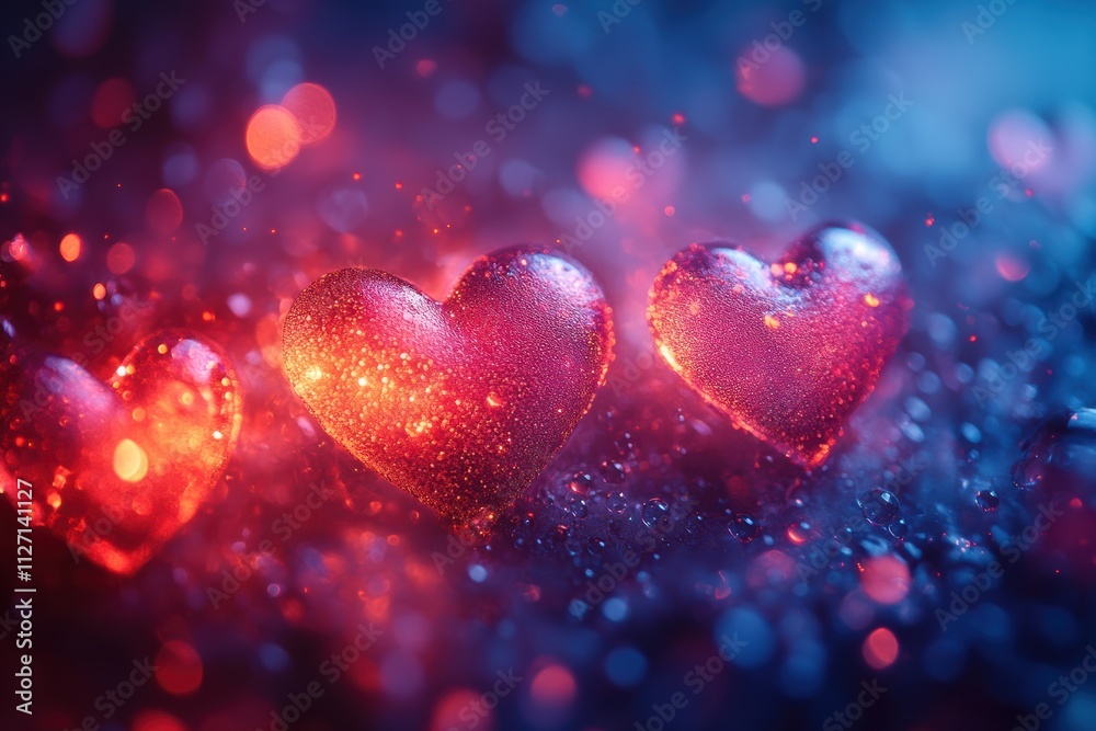 Poster abstract colorful hearts in glowing bokeh patterns, creating depth and vibrancy for digital projects