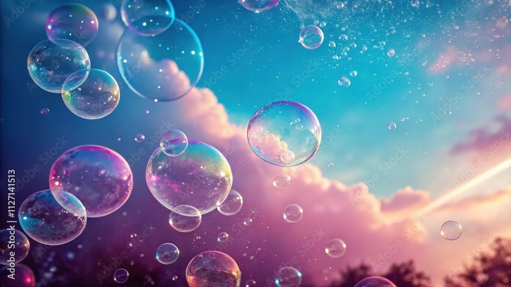 Poster A whimsical display of iridescent soap bubbles floating against a backdrop of vibrant pink and blue clouds.