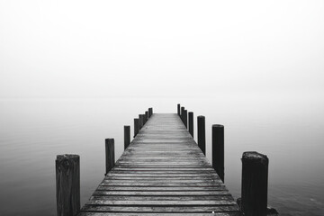 Serene minimalist landscape at foggy lake black and white photography tranquil environment wide-angle perspective