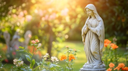 Praying Madonna Statue in a Beautiful Garden