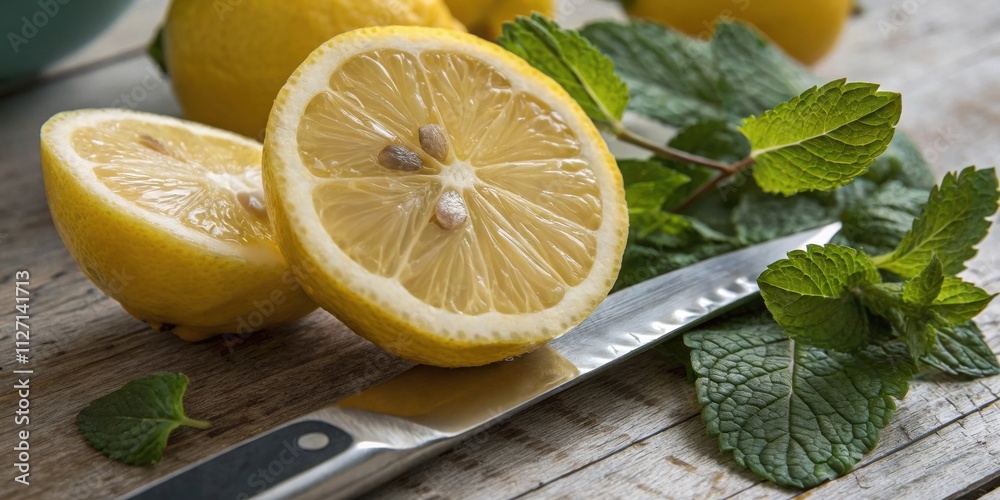 Poster a close-up image showcasing the refreshing combination of sliced lemons and vibrant green mint leave