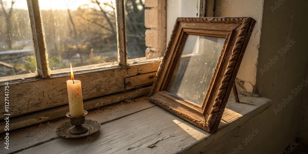 Poster a lone candle flickers on a weathered windowsill, casting a warm glow on the worn wood and an empty 