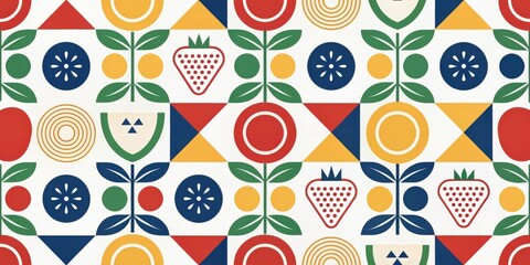 A geometric pattern featuring stylized floral motifs, fruit, and abstract shapes in a vibrant color palette of red, yellow, green, blue, and white.