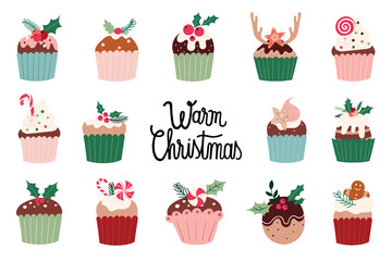 Christmas cupcakes collection, different seasonal design, isolated on white