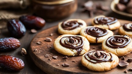 Fototapeta premium Date pinwheel cookies on a rustic wooden board, surrounded by fresh dates and a drizzle of melted chocolate