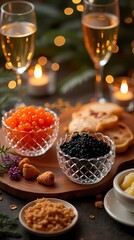 Festive table with red salmon caviar and black sturgeon caviar with glasses of wine