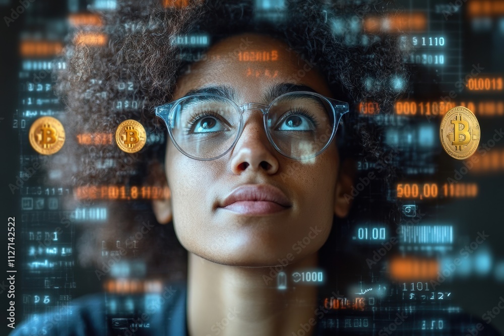 Poster Abstract cryptocurrency-themed image of a thoughtful professional with Bitcoin and dollar signs in focus.