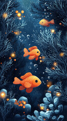 Game level. Cartoon underwater landscape with seaweed, corals, bioluminescent plankton, glowing air bubles. Game mock up image faitytale magic under water background with, corals, shells, blue water