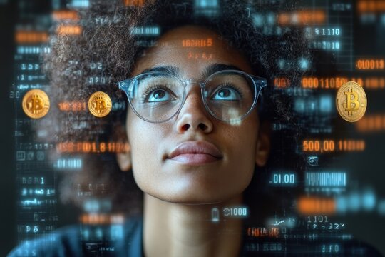 Abstract cryptocurrency-themed image of a thoughtful professional with Bitcoin and dollar signs in focus.