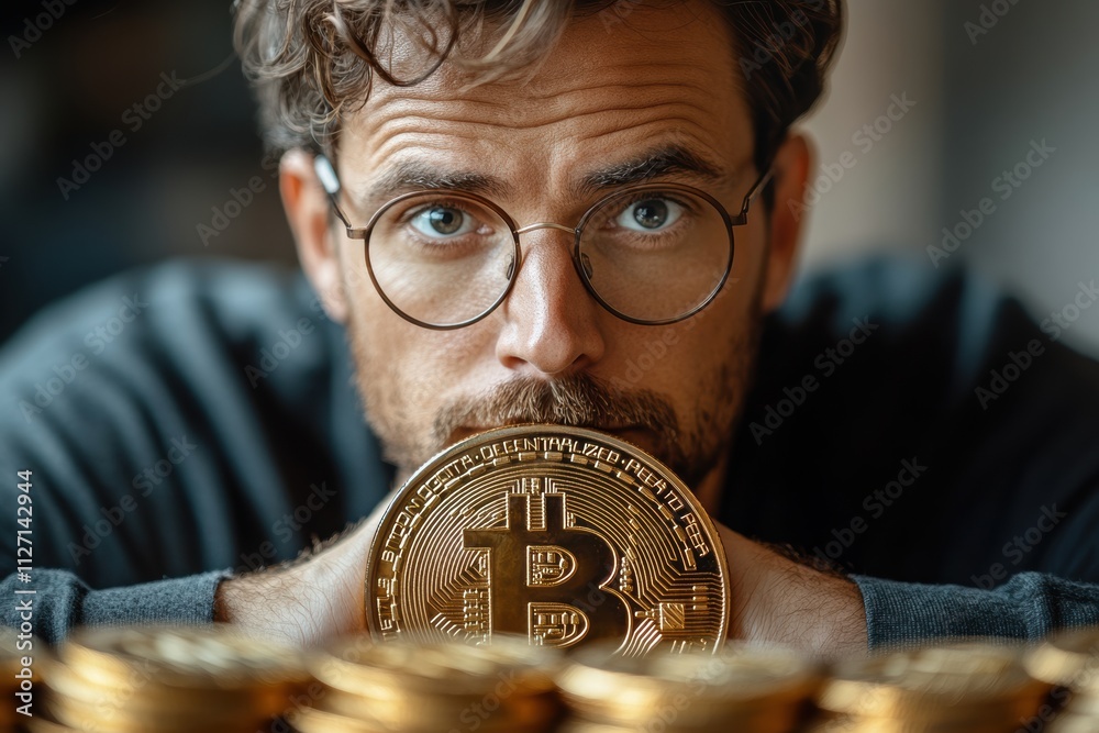 Poster Abstract cryptocurrency-themed image of a thoughtful professional with Bitcoin and dollar signs in focus.