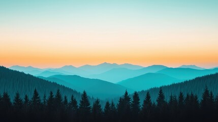 Obraz premium Serene sunset illuminating misty mountain peaks and pine forest