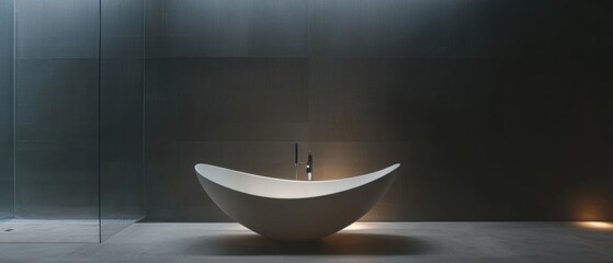 Modern bathroom with a minimalist design. the walls are covered in dark grey tiles, and the floor is made of grey tiles.