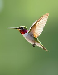 Fototapeta premium A stunning ruby-throated hummingbird in mid-flight, showcasing its vibrant colors and delicate wings against a soft green backdrop.