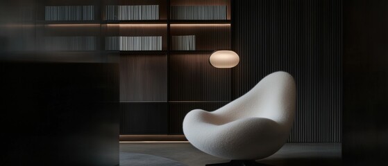 Obraz premium Modern and minimalist interior design of a room with a white armchair in the center. the chair is made of a soft, plush material and has a curved backrest and armrests.