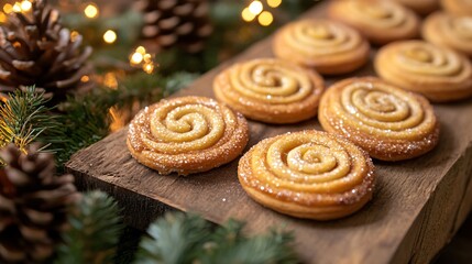 Golden pinwheel cookies served in a festive rustic setting, surrounded by pinecones, greenery, and holiday twinkle lights