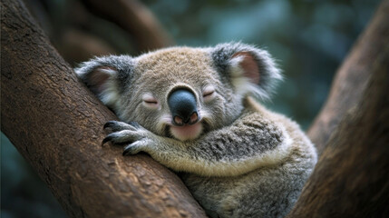Fototapeta premium A koala resting in the crook of a eucalyptus tree, peacefully munching on leaves
