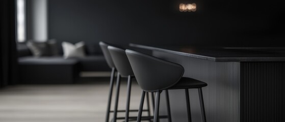 Modern kitchen with a black countertop and three black barstools. the countertop is made of wood and has a sleek, minimalist design.