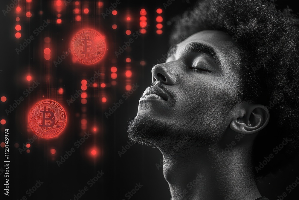 Poster Abstract cryptocurrency-themed image with a contemplative man and floating Bitcoin icons in vibrant hues.