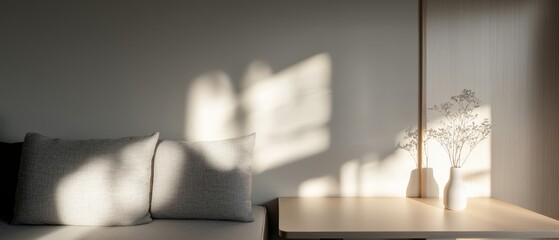 Corner of a room with a gray sofa on the left side and a wooden table on the right side. on the table, there are two white vases with dried flowers in them.