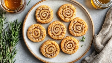 Fototapeta premium Golden-brown date pinwheel cookies on a ceramic plate, surrounded by fresh rosemary and a small jar of honey