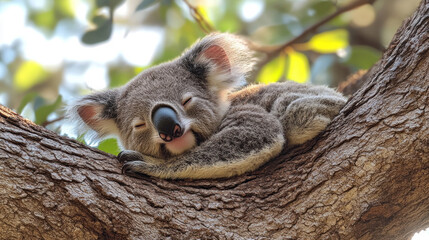 Obraz premium A koala resting in the crook of a eucalyptus tree, peacefully munching on leaves