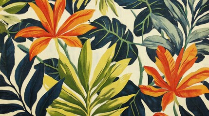 Vibrant Tropical Foliage and Flowers Pattern with Bold Orange Blooms and Lush Green Leaves on Textured Canvas Background