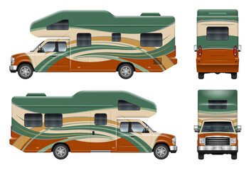 RV motorhome wrap vector mockup on white for vehicle branding, corporate identity. View from the side, front and back. All elements in the groups are in separate layers for easy editing and recolor.