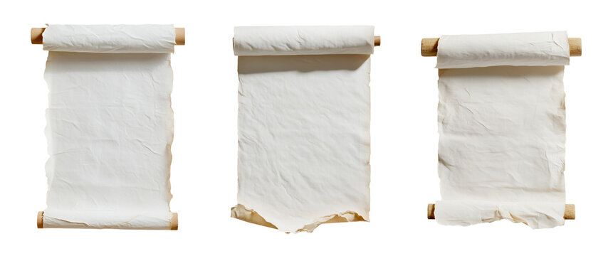 Open Blank Old Rolled Paper Scrolls with Torn Edges and Aged Parchment Isolated on Transparent PNG